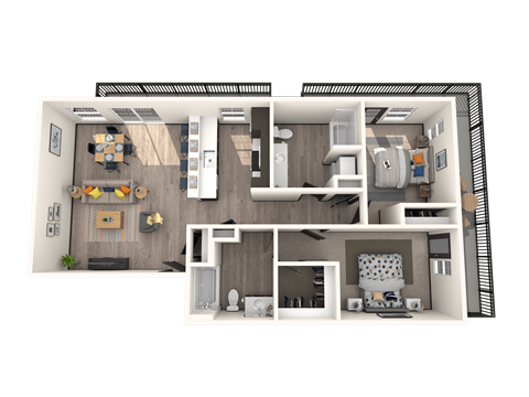 a 3d rendered floor plan of a 1 bedroom apartment